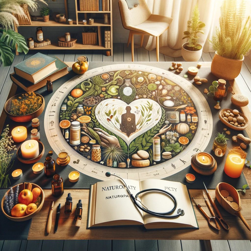 image Engagement Personnel et Professionnel naturo'NAT naturopathe à la Garde - Table avec au centre une planche représentant la naturtopathie et autour des ustensiles, des pantes