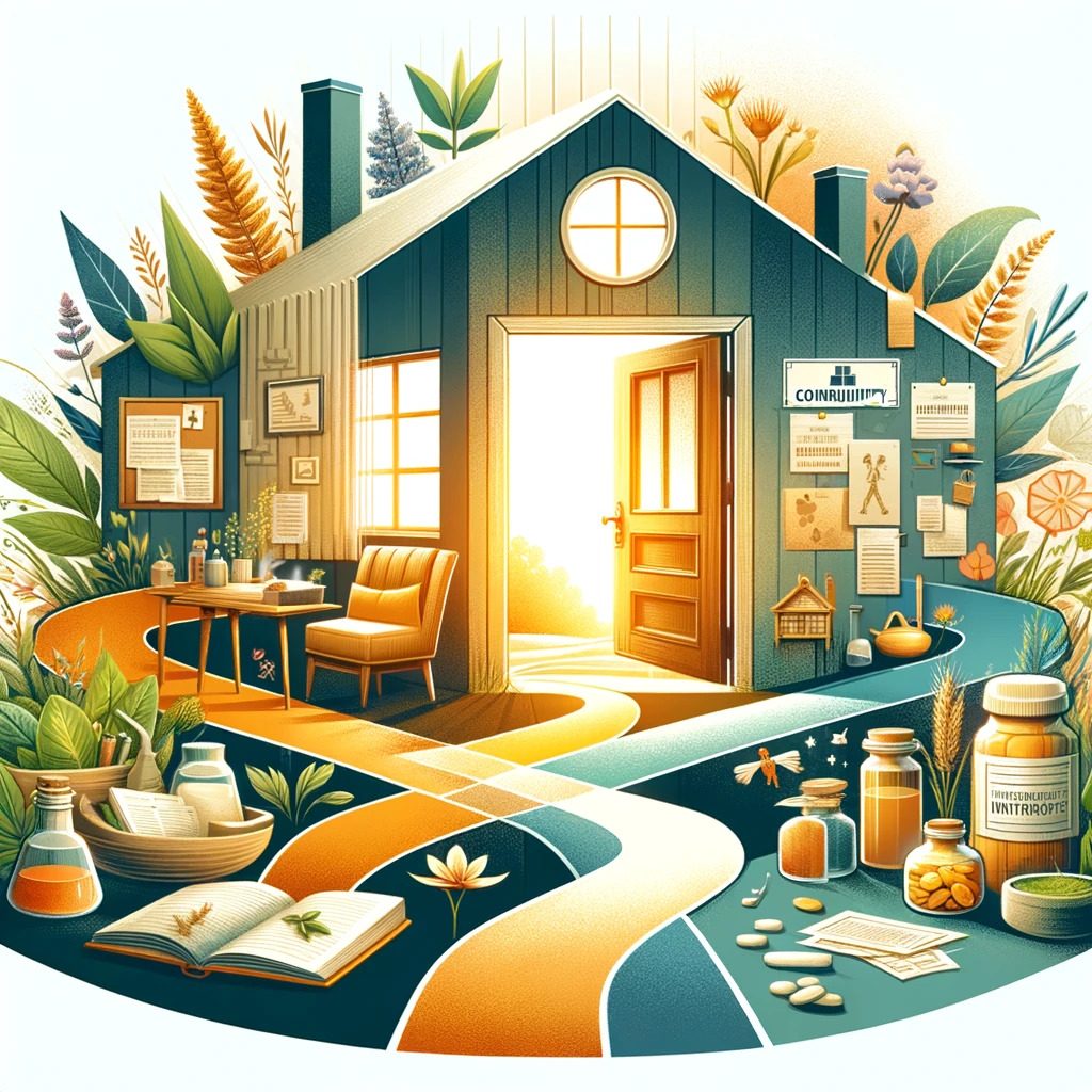 image flexibilité et accessibilité naturo'NAT - maison ouverte avec branche de feuillage autour - bocaux sur la droite - ustensile sur la gauche - sur le côté de la maison une table avec un fauteuil - couleur orange vert